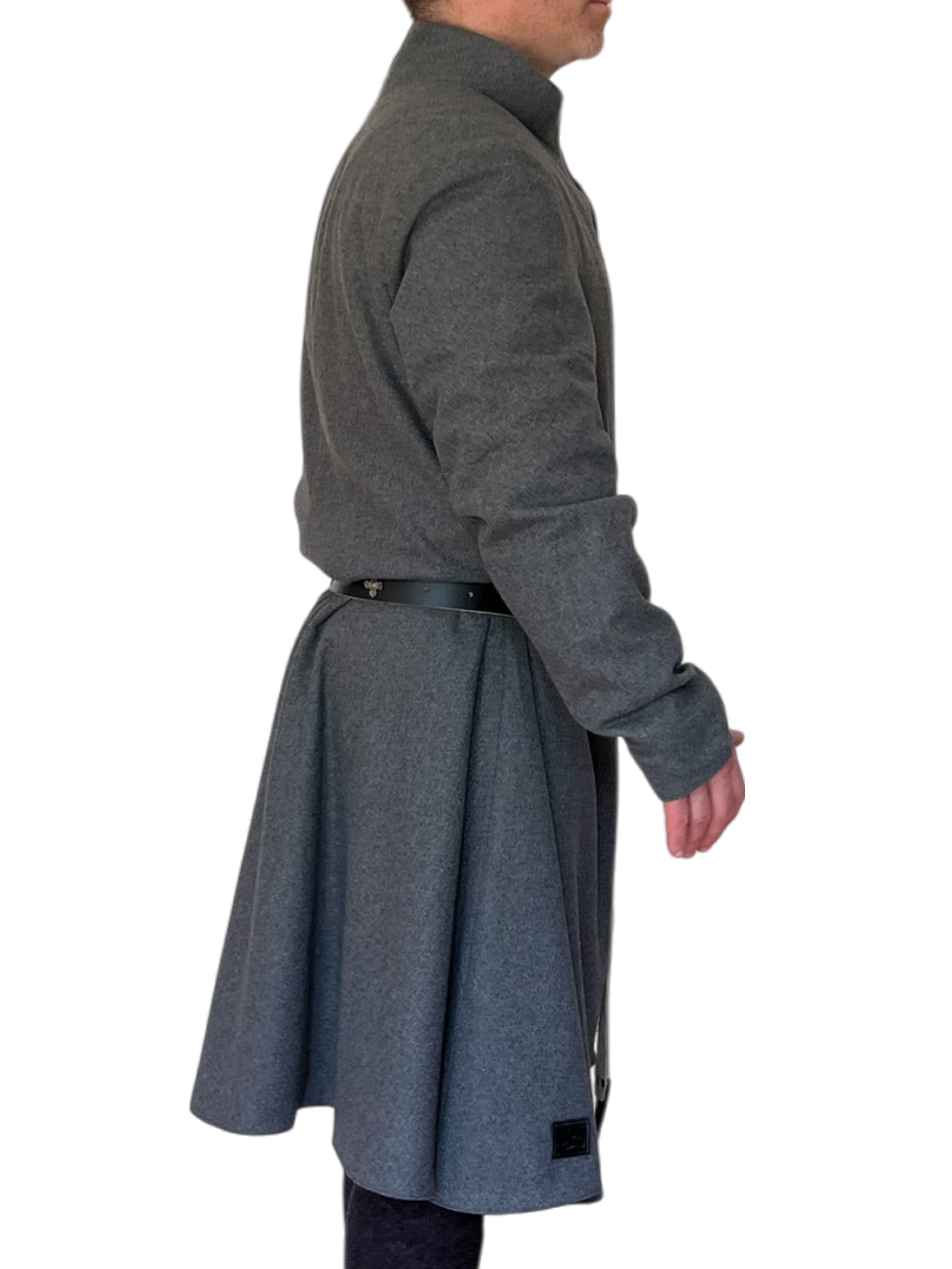 Cotte d'Hallie en mélange laine-polyester, entièrement doublée en ramie. Inspirée des XIVᵉ et XVᵉ siècles et fabriquée au Québec par L'atelier de la Crevette.