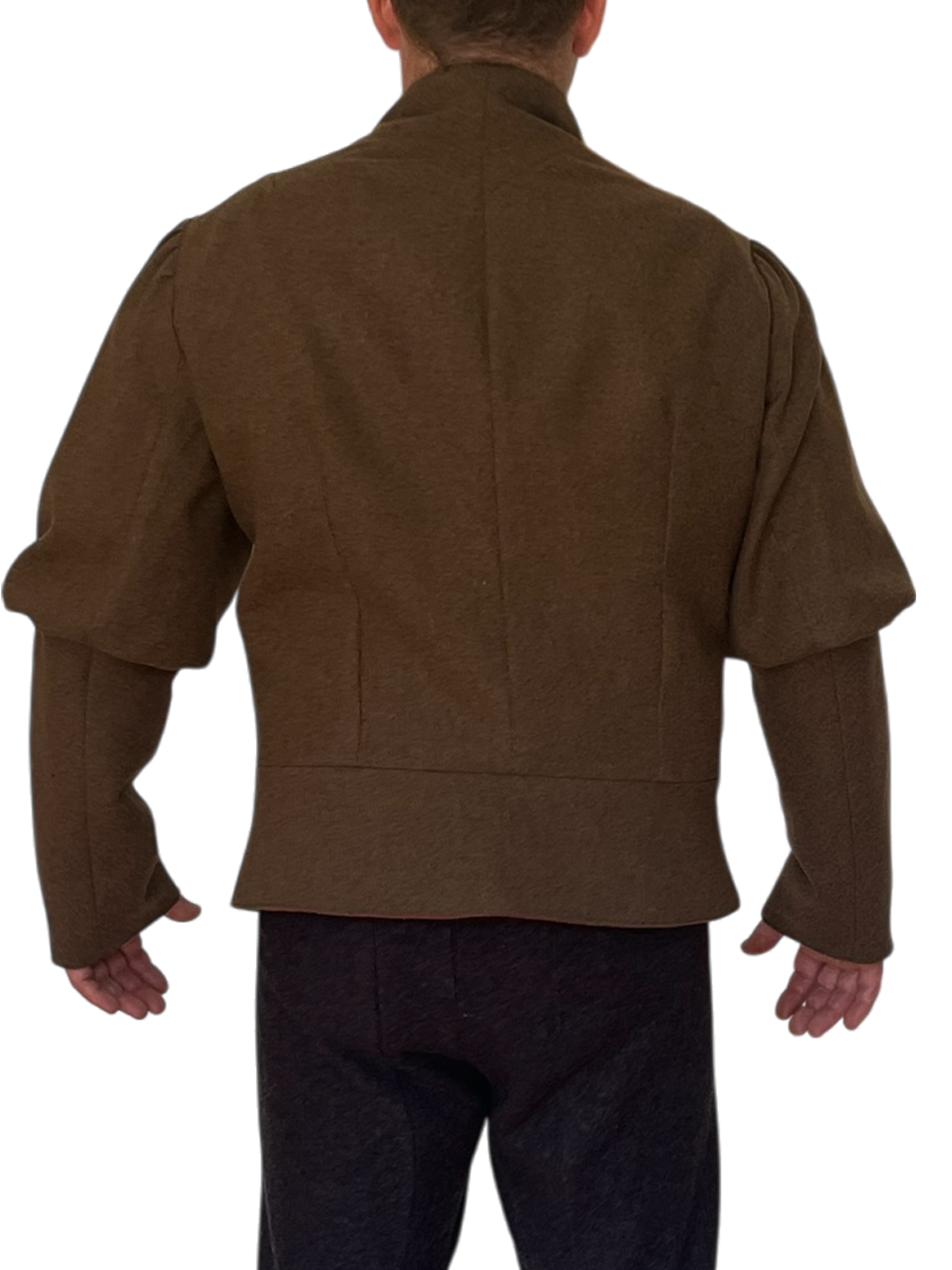 Doublet du Poisson-Ballon en mélange laine-polyester doublé en ramie, avec col montant et fermeture par aiguillettes, inspiré des vêtements européens des XVe et XVIe siècles. Fabriqué au Québec par L'atelier de la Crevette.