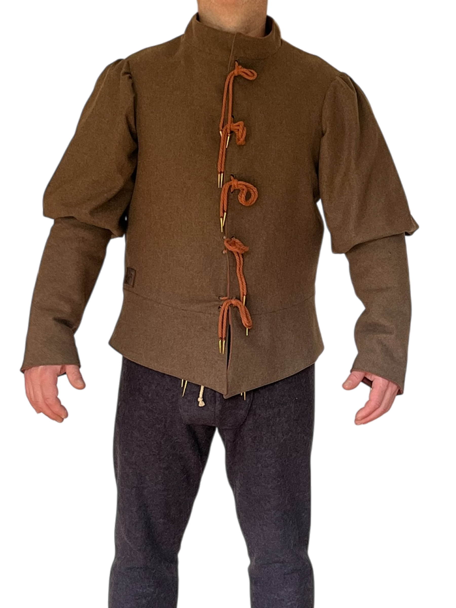 Doublet du Poisson-Ballon en mélange laine-polyester doublé en ramie, avec col montant et fermeture par aiguillettes, inspiré des vêtements européens des XVe et XVIe siècles. Fabriqué au Québec par L'atelier de la Crevette.