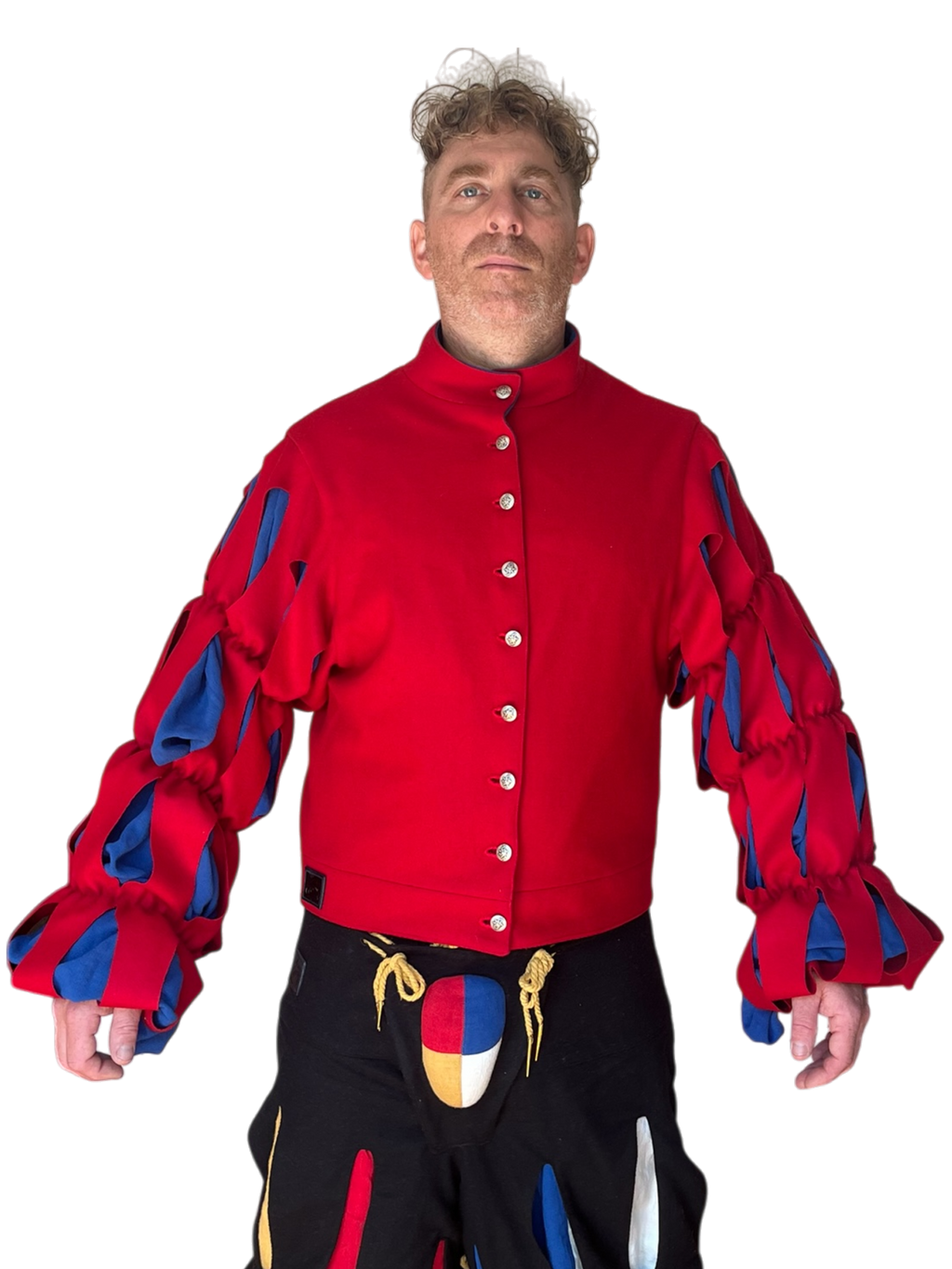 Veste lansquenet en laine doublée en ramie, inspirée de la Renaissance, avec col montant, manches à crevés et coupe ajustée. Confectionnée au Québec.