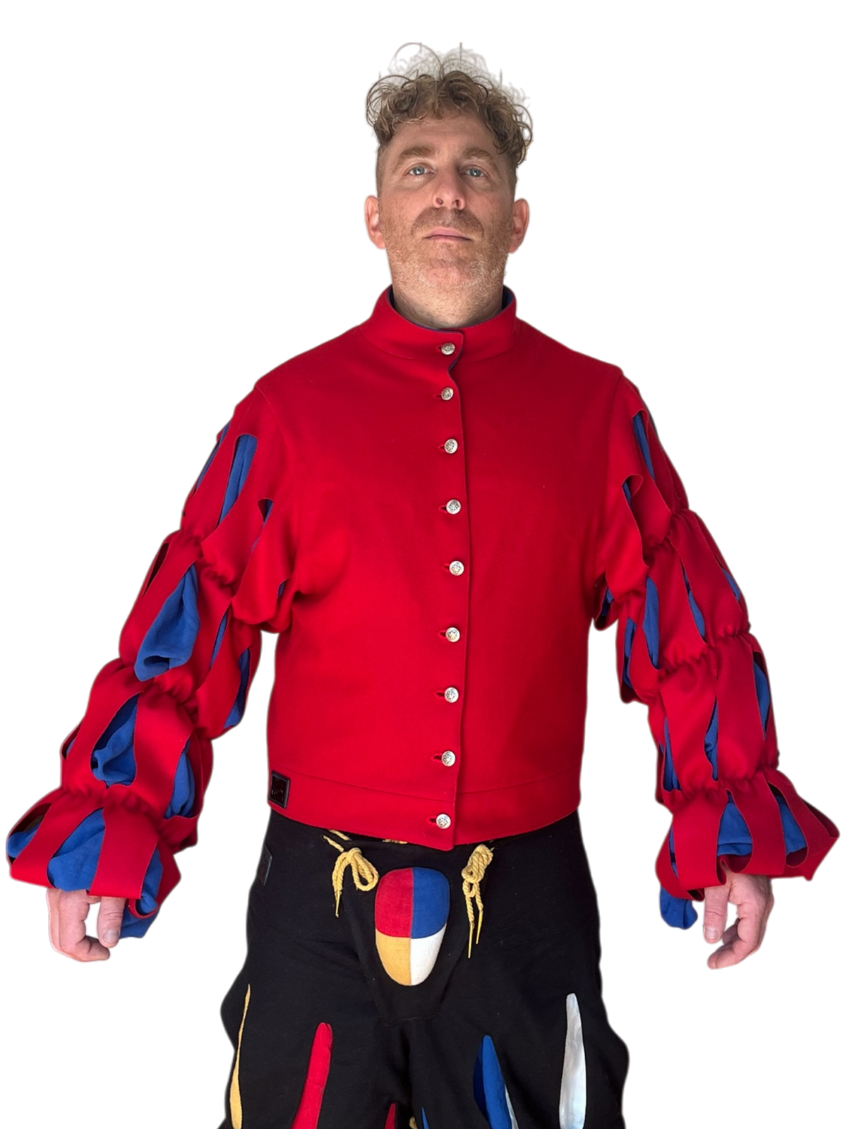 Veste lansquenet en laine doublée en ramie, inspirée de la Renaissance, avec col montant, manches à crevés et coupe ajustée. Confectionnée au Québec.