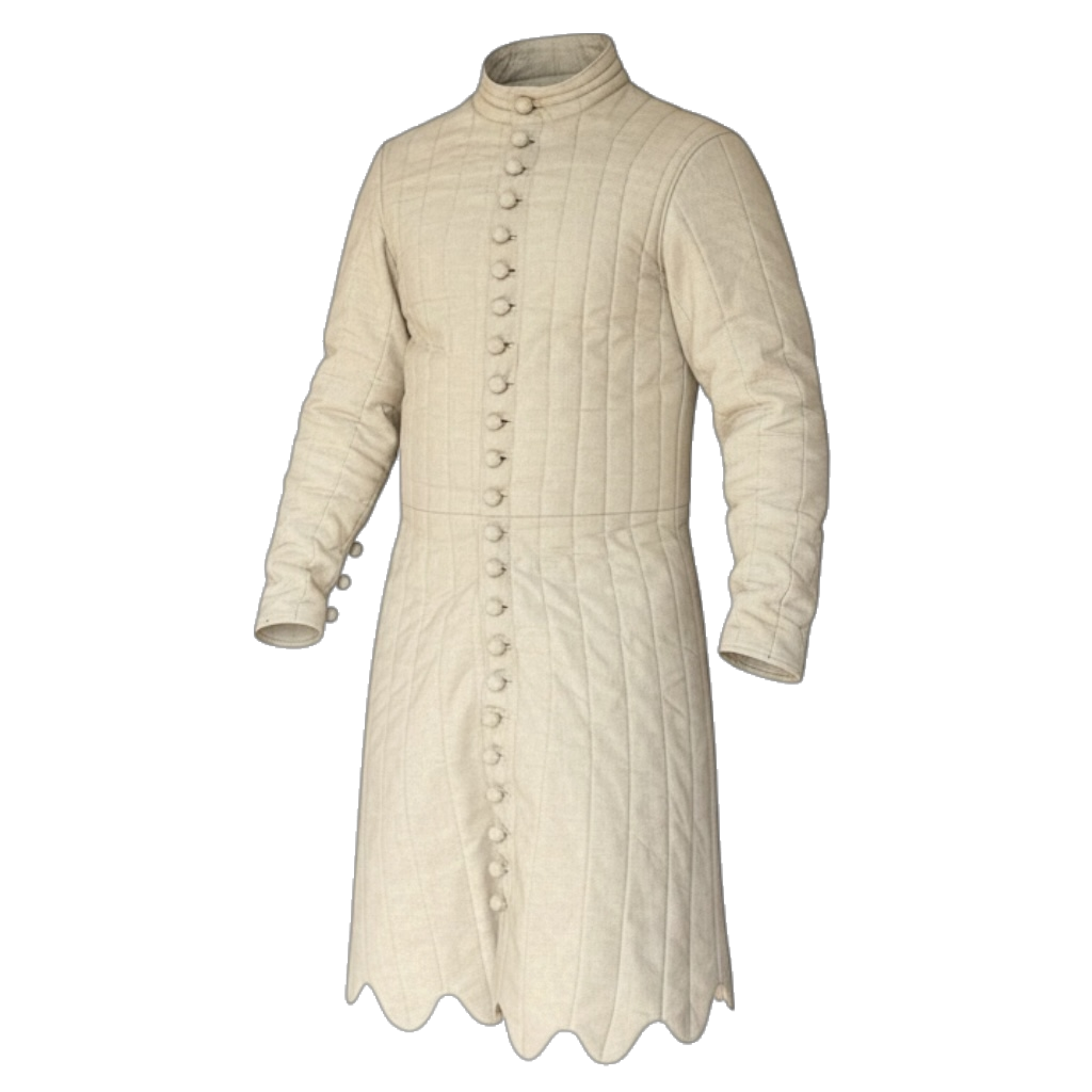 L'atelier de la Crevette | Cuir et costumes | Pourpoint médiéval du XIVe siècle avec boutons faits à la main. Idéal pour reconstitution historique, GN et événements médiévaux. Livraison rapide.