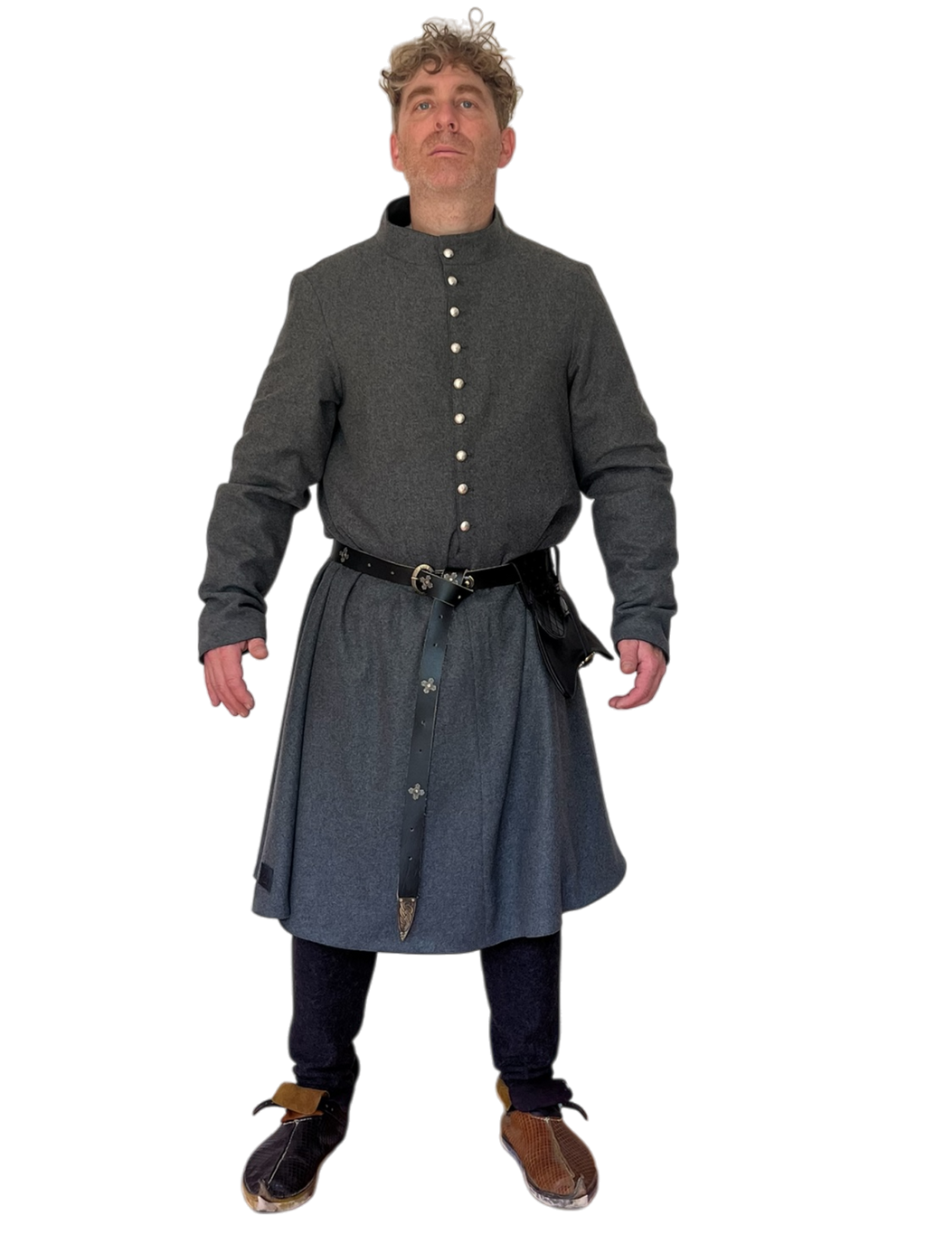 Cotte d'Hallie en mélange laine-polyester, entièrement doublée en ramie. Inspirée des XIVᵉ et XVᵉ siècles et fabriquée au Québec par L'atelier de la Crevette.